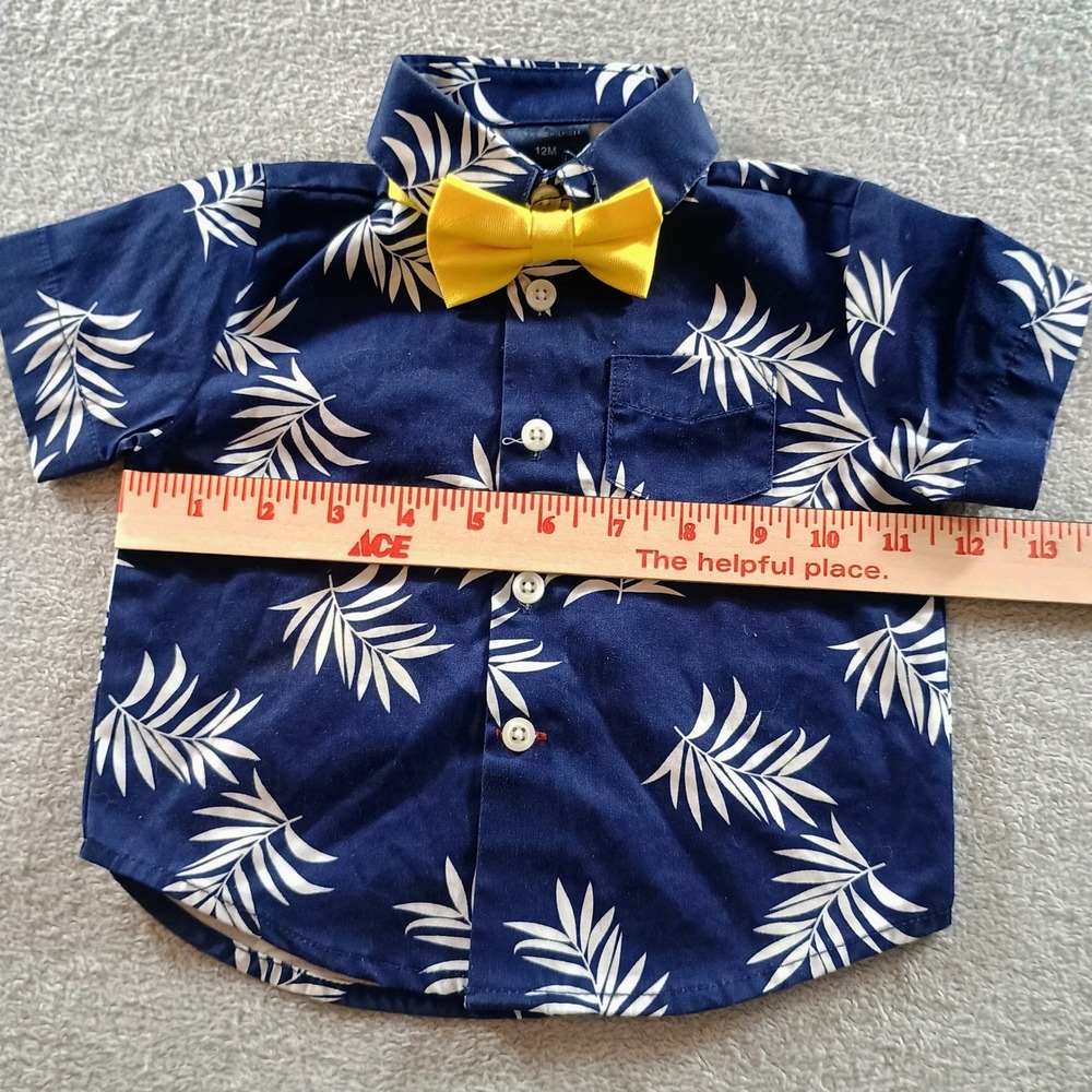 Tommy Hilfiger Boys Palm Leaf Button Down Navy 12M Yellow Bow Tie - Picture 4 of 7